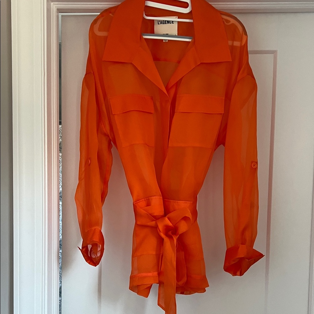 L'AGENCE Sheer Tie-Belt Shirt in Vibrant Orange